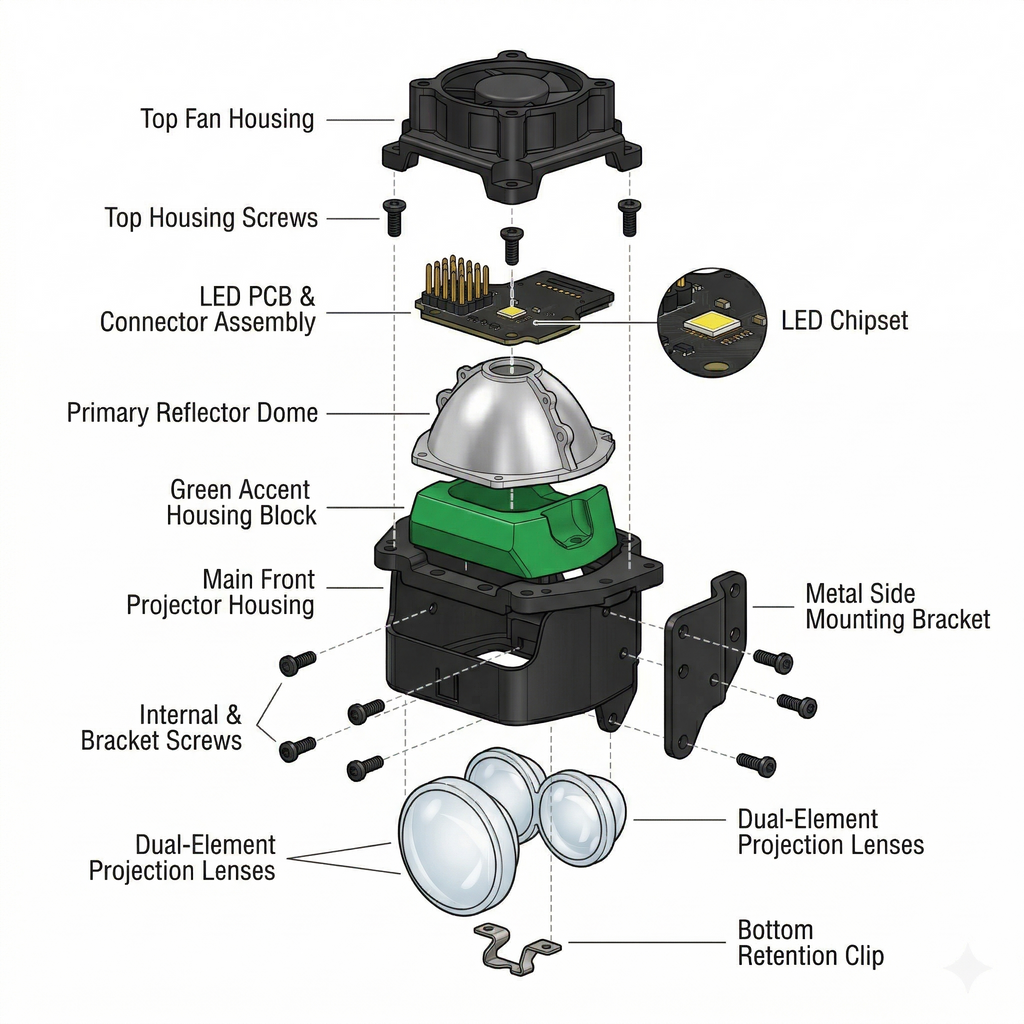 3-Inch Square Bi-LED Projector Lens with Dual Direct Projection Lenses