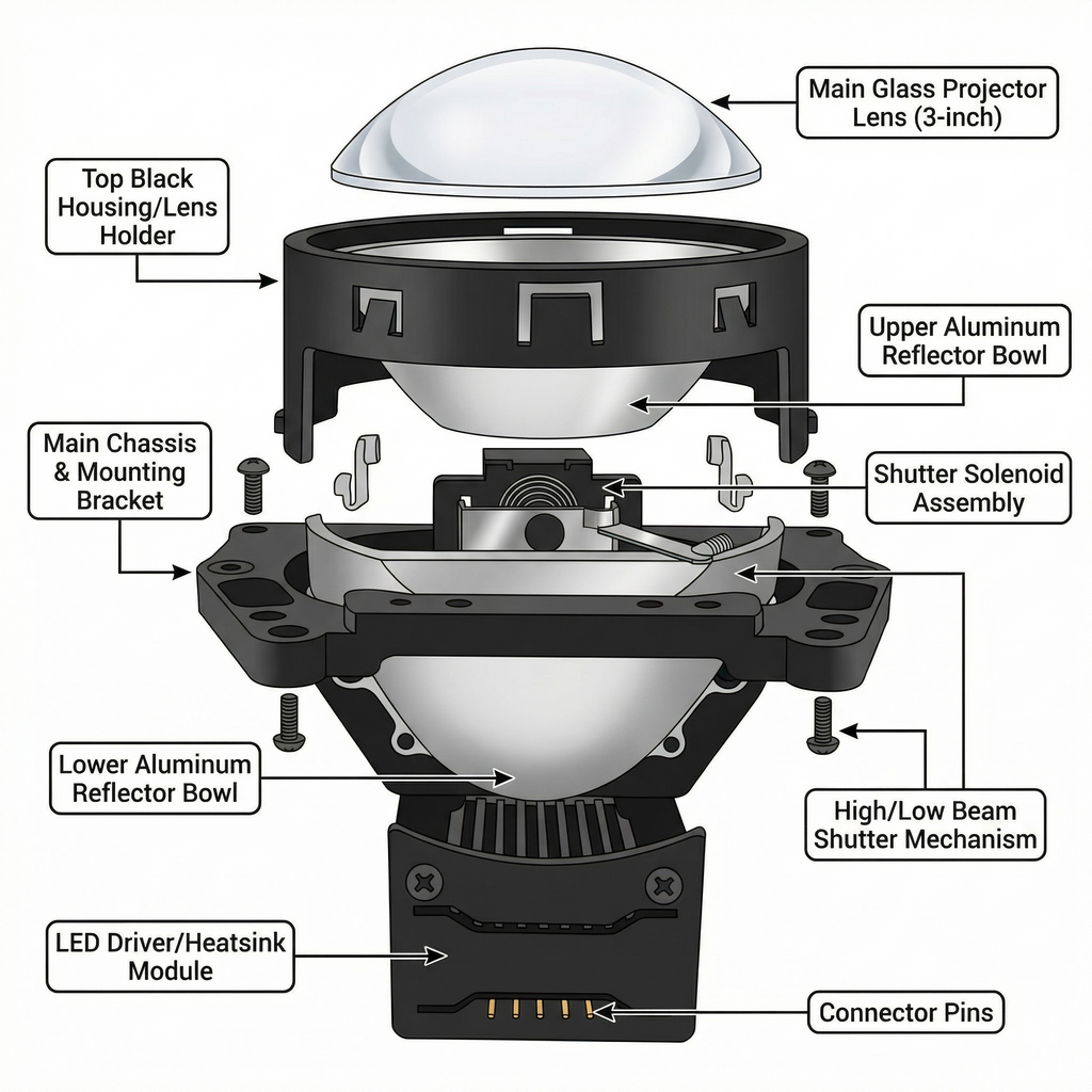 3-Inch Round Bi-LED Projector Lens: Single Reflector