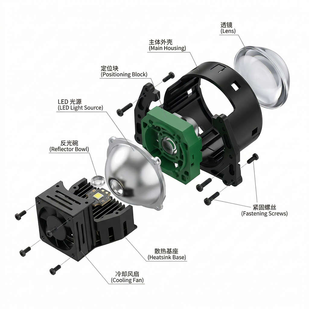 3-Inch Round Bi-LED Projector Lens with Dual Direct Projection